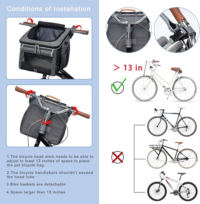 Dog Bike Basket, Soft-Sided Dog Bike Carrier with 4 Mesh Windows for Small Dog Cat Puppies - Grey