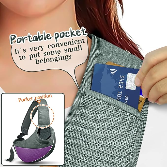 Dog Cat Sling Carrier, Adjustable Padded Shoulder Strap, with Mesh Pocket for Outdoor Travel (S - Up to 6 lbs, Light Purple - Grey)