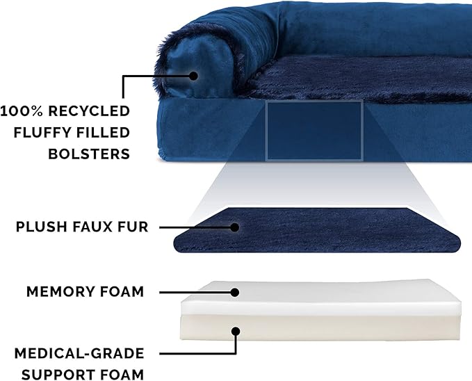 Furhaven Memory Foam Dog Bed for Large/Medium Dogs w/ Removable Bolsters & Washable Cover, For Dogs Up to 55 lbs - Plush & Velvet L Shaped Chaise - Deep Sapphire, Large