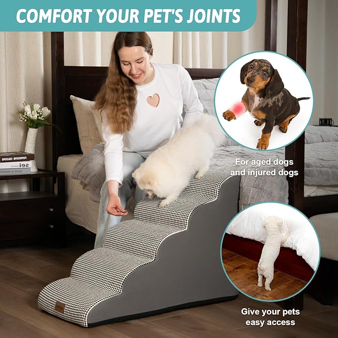 Dog Stairs for High Bed 22.6" H, Small Pet Steps with Leakproof Cover, High Density Foam Cat Ramp for Bed, Car or Couch, Lightweight, Durable, Comfort, 15.7x33x22.6 in, 5 Tiers, White Black