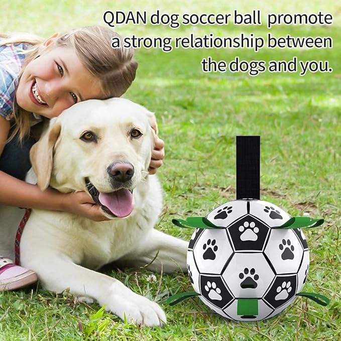 QDAN Dog Toys Soccer Ball with Straps, Puppy Birthday Gifts, Interactive for Tug of War, Durable Balls for Small & Medium Dogs(6 Inch)