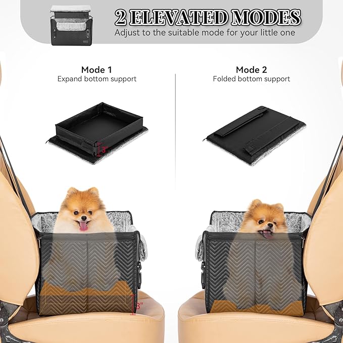 PETSFIT Dog Car Seat, Waterproof PU Leather Dog Carseat with Patented Safe Buckles, Clip-On Leash, Pet Travel Carrier Bed for Small Pets Up to 25lbs (Black)
