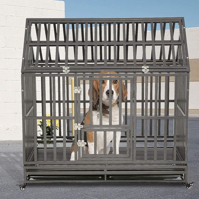 KELIXU 48" Heavy Duty Dog Crate Large Dog cage Dog Kennels and Crates for Large Dogs Indoor Outdoor with Double Doors, Locks and Lockable Wheels, Black