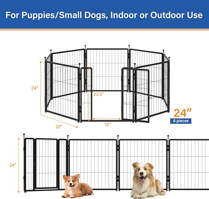 Dog Playpen for Indoor & Outdoor Use – Heavy-Duty Metal Pet Fence with Ground Stakes, Rounded Ball Tops for Safety, Stable & Foldable Design, Easy to Assemble 24 inch 8 Panels