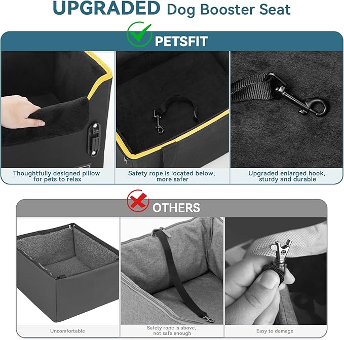 PETSFIT Small Dog Car Seat, Portable Car Saet for Dogs with Patent Safe Buckles, Clip-On Leash, Suitable for Small Pets Up to 25lbs (Black)