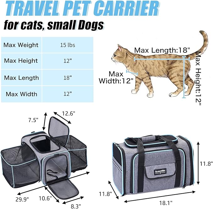 2 Sides Travel Expandable Pet Carrier Bag (Large), Airline Approved Soft-Sided Cat Carrier with Pad & Pocket & Removable Shoulder Strap - 18"x11"x11" Dog Airplane Carrier Under Seat