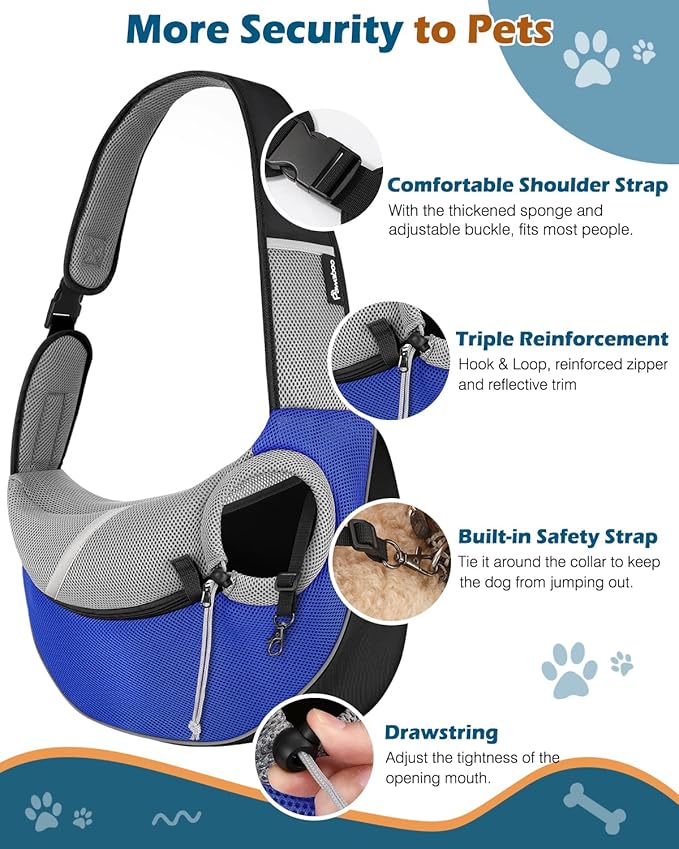 Pawaboo Dog Sling Carrier, Dog Papoose with Zipper Touch Pocket, Hand Free Breathable Mesh Puppy Carrier, Crossbody Satchel Dog Purse with Adjustable Strap for Outdoor Travel, Blue, Large