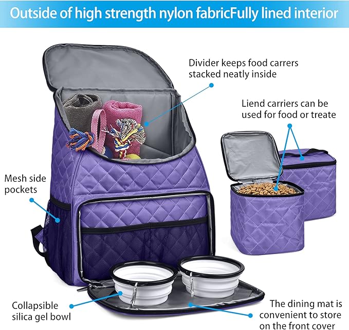 BAGLHER Dog Travel Bag Airline Approved Pet Supplies Backpack, Dog Travel Backpack with 2 Silicone Collapsible Bowls and 2 Food Baskets Purple
