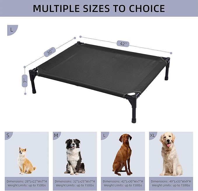 pettycare Elevated Outdoor Dog Bed - Raised Dog Bed for Large Dogs, Heavy Duty Dog Cot Bed Waterproof, Cooling Elevated Dog Bed with Washable Breathable Teslin Mesh, Durable, Non Slip, 42 Inch, Black