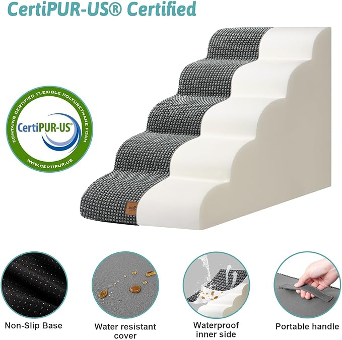 Dog Stairs for High Bed 22.6" H, Small Pet Steps with Leakproof Cover, High Density Foam Cat Ramp for Bed, Car or Couch, Lightweight, Durable, Comfort, 15.7x33x22.6 inch, 5 Tiers, Dark Grey