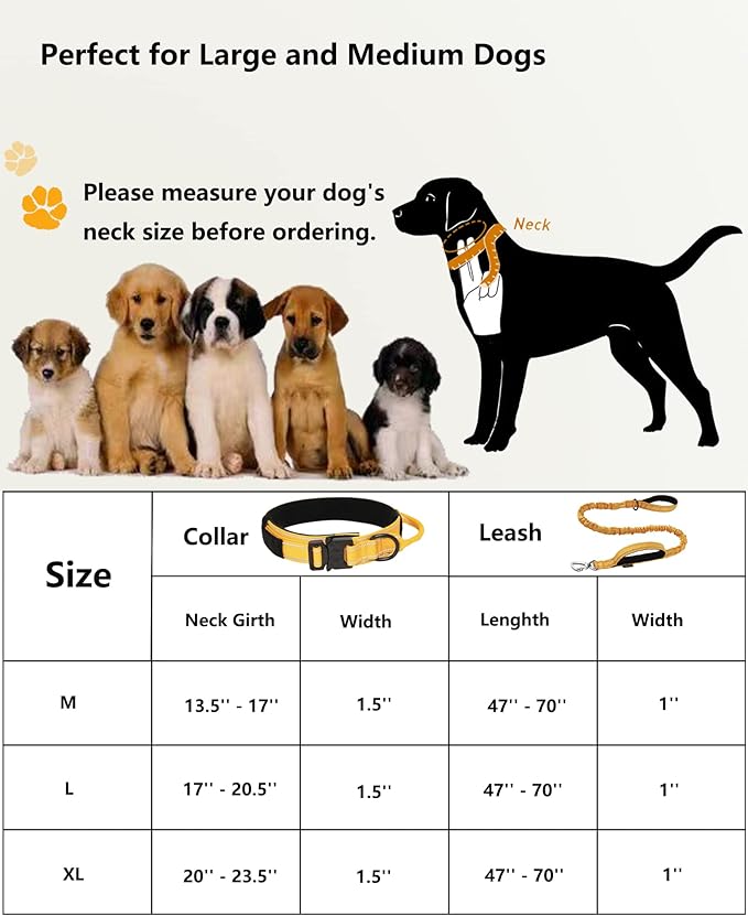 AUBELL Tactical Dog Collar and Leash Set, Adjustable Military Nylon Reflective Dog Leash and Collar with Handle and Heavy Metal Buckle for Medium Large Dogs, with Airtag Case and 2 Patches(Yellow, XL)