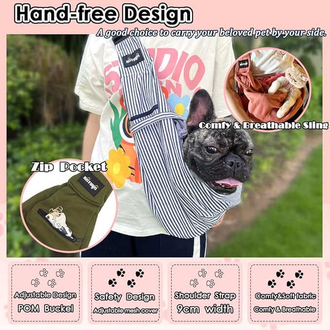 NATUYA Pet Dog Sling Carrier - Dog Sling with Net Bag for Carrier Dogs Cats-Hands Free Pet Bag-Buckle net Pocket pet Bag (Blue Strips)