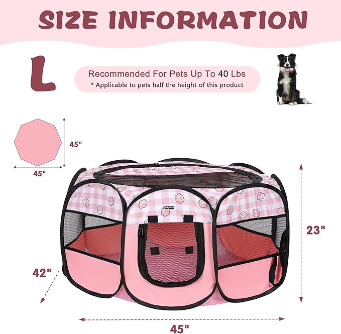 Lucky Monet Foldable Dog Playpen Cat Puppy Playpen Indoor Pop Up Pet Animal Playpen Outdoor Kennel Cage Pen Tent for Small Medium Dog Puppy Cat Kitten Rabbit - Large, Pink