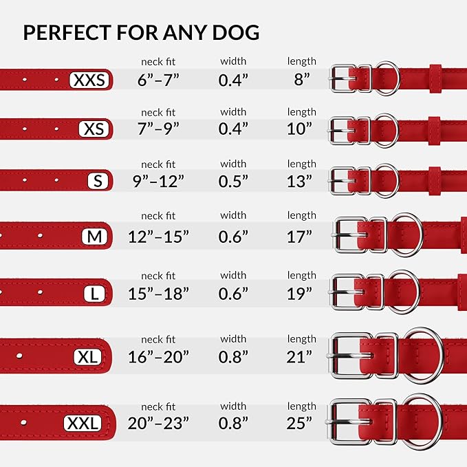 CollarDirect Rolled Leather Dog Collar, Soft Padded Round Puppy Collar, Handmade Genuine Leather Collar Dog Small Large Cat Collars 13 Colors (11-14 Inch, Red Smooth)
