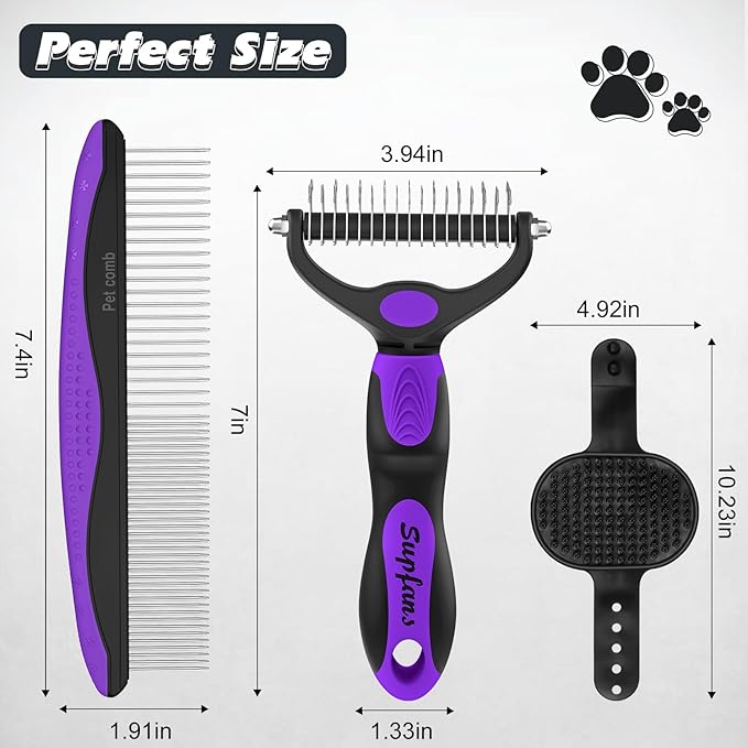 3PCS Dog Grooming Kit I Dog Brush for Shedding I Deshedding Dog Brush I Metal Dog Comb I Dog Bath Brush I Undercoat Rake for Dogs and Cats I Premium Pet Supplies (Purple Black)