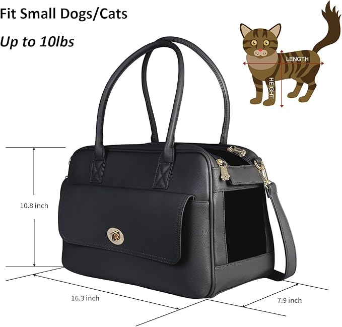 Fashion Pet Carrier Dog Purse Carrier Cat Soft-Sided Carriers for Puppy Kitten, Stylish Leather Handbag Tote Travel Pet Bag for Small Dogs Cats, TSA Airline Approved (Black)