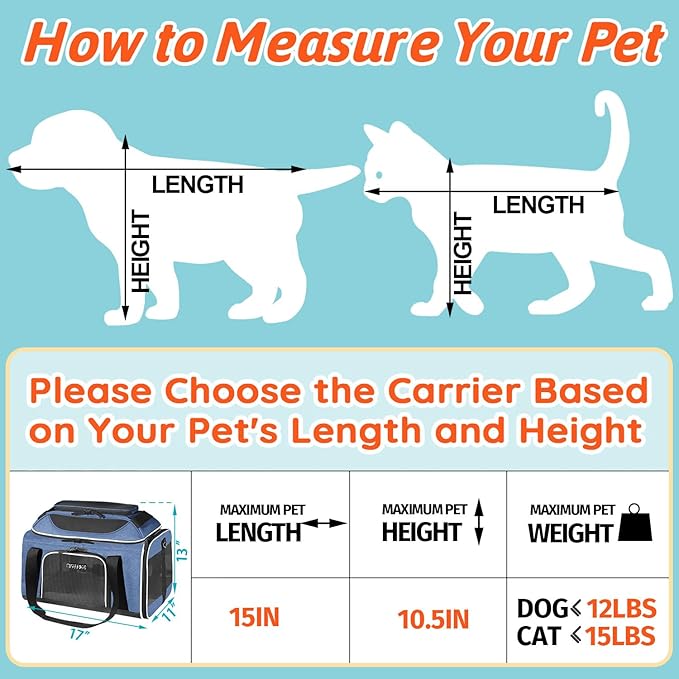 Petskd Top-Expandable Pet Carrier 17x11x9.5 Inches Alaska Airline Approved, Soft-Sided Carrier for Small Cats and Dogs with Locking Safety Zippers and Anti-Scratch Mesh(Blue)