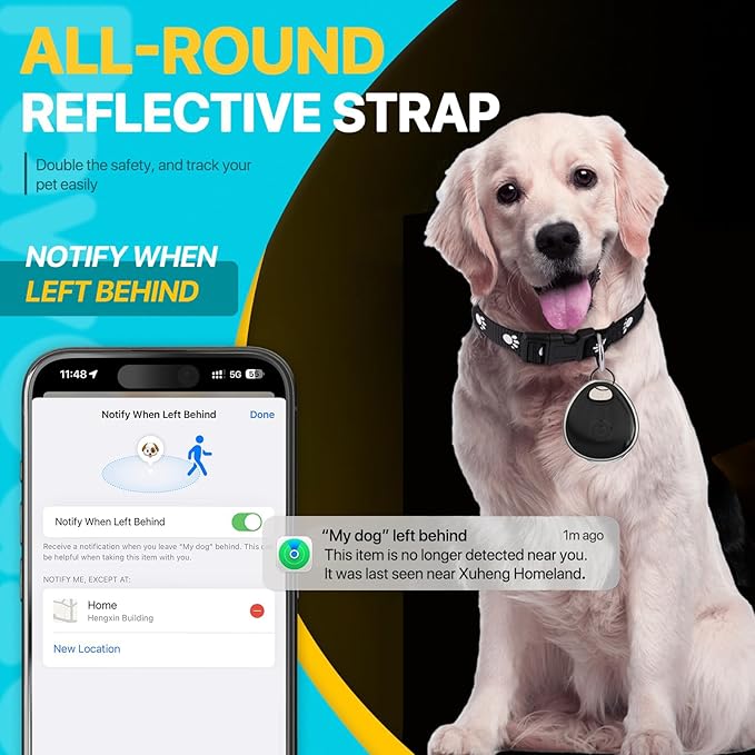 Dog Tracker-Cat Collar | MFi Certificated | No Monthly Fee | No Charging Required | Waterproof | Works with Any Collar