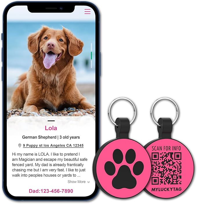 MYLUCKYTAG Silent Silicone QR Code Pet ID Tags Dog Tags - Pet Online Profile - Scan QR Receive Instant Pet Location Alert Email