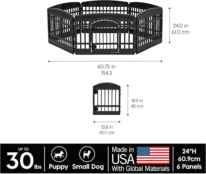 IRIS USA 24" 6-Panel Dog Playpen with Door, 61 x 61 x 24, Puppy Playpen, Dog Play Pen Indoors, Pet Fence, Small/Medium Pets, Black