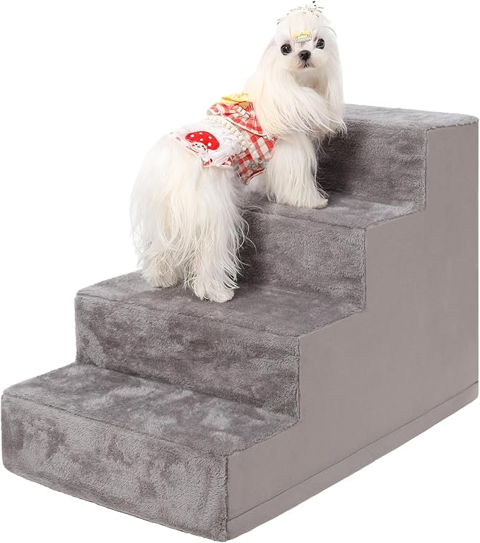 Dog Stairs for Small Dogs,17.5" 4-Step Pet Stairs for High Beds and Couches,Dog Steps with Non-Slip Bottom and High-Density Foam Indoor Outdoor,Grey