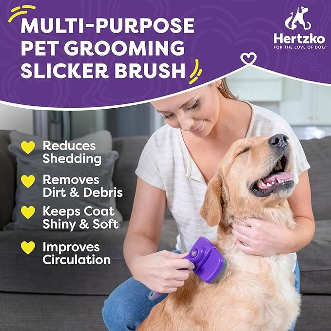 Hertzko Self Cleaning Slicker Brush for Dogs and Cats - Pet Hair Brush for Shedding Long and Short Hair - Grooming Brush with Easy Clean Retractable Bristles - Cat and Dog Grooming Tool - Purple