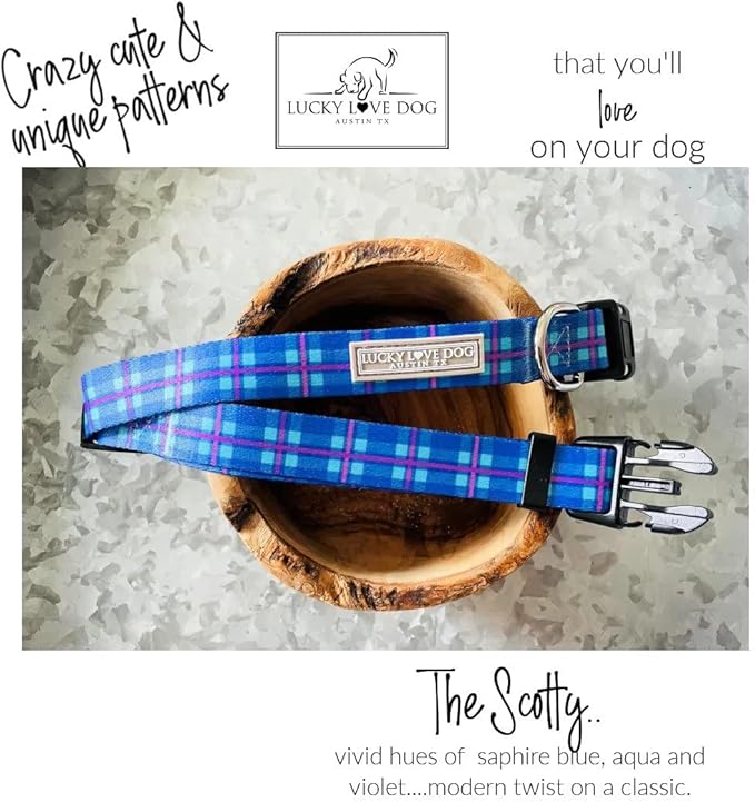 Lucky Love Dog, Blue and Violet Plaid Dog Collar, Adjustable & Comfy Collar for Boy and Girl Dog, Easy On & Off Clasp Accessory - (Medium, Scotty Collar)