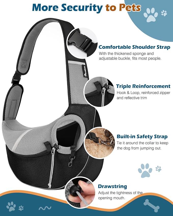 Pawaboo Dog Sling Carrier, Dog Papoose with Zipper Touch Pocket, Hand Free Breathable Mesh Puppy Carrier, Crossbody Satchel Dog Purse with Adjustable Strap for Outdoor Travel, Black, Large