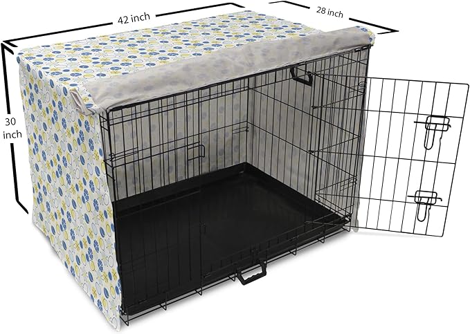 Lunarable Yellow and Blue Dog Crate Cover, Random Doodle Circles Abstract Floral Pattern, Easy to Use Pet Kennel Cover for Medium Large Dogs, 42 Inch, Pale Yellow Pale Blue
