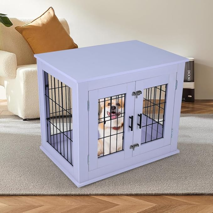 31.5" Heavy Duty Dog Crate for Medium Small Dogs, Furniture Style cage with Double Doors Pet House Wooden Cage Modern Kennel FurnitureIndoor for Dogs up to 85 lb (White)