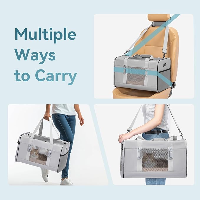 Petsfit Travel Pet Carrier for Large Cats (up to 20 lbs), Soft-Sided Dog Car Travel Carrier with Patented Buckle and Soft Padding, Ideal for Car Road Trips,19X12X12 Inch,Gray
