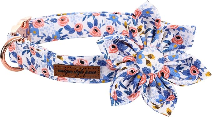 Uniqe Style Paws Flower Dog Collar, Rose Adjustable Girl Dog Collar with Flower, Durable Floral Pattern Pet Collar for Medium Female Dogs