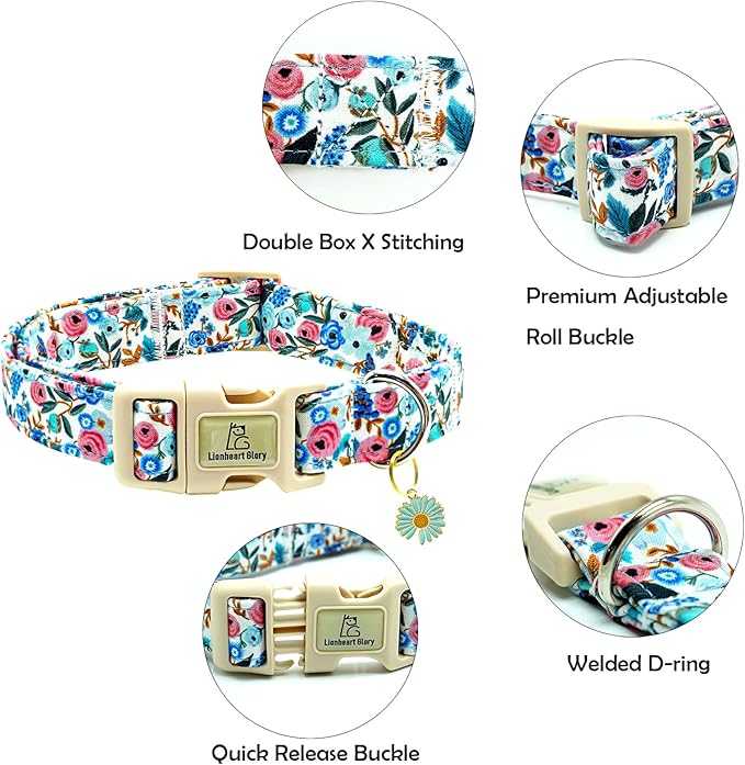 Lionheart glory Dog Collar Flowers Print Dogs Collar Spring Summer Cute Collars Dog Girl or Boy Soft Durable Adjustable Dog Collars for Small Dogs Pet Gift