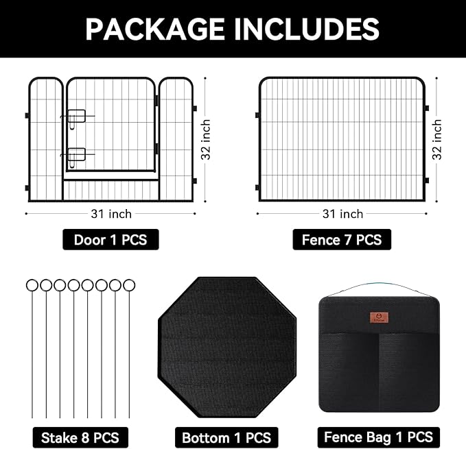 PJYuCien Dog Playpen Plus Storage Bag for Camping, 32" H Dog Pen with Extra Hard Bottom and Top,Heavy Duty Foldable Puppy Playpen for Puppies/Small and Medium Dogs, 8 Panels