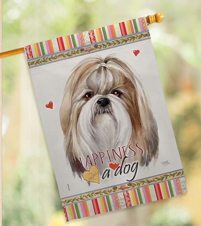 Breeze Decor Shih Tzu Happiness Garden House Flag Kit Dog Puppy Spoiled Paw Canine Fur Pet Nature Farm Animal Creature Decoration Banner Small Yard Gift Double-Sided, Made in USA