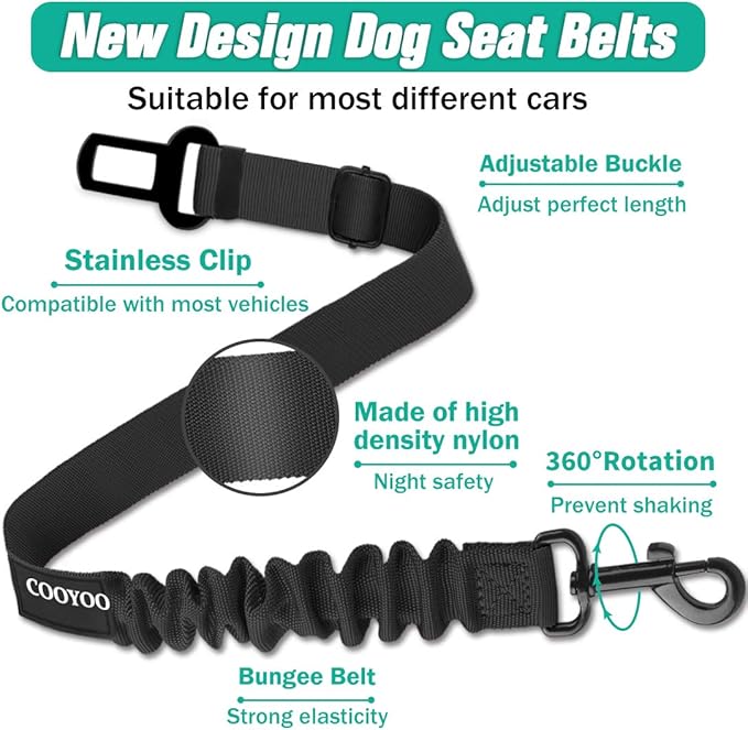 COOYOO Dog Seat Belt,3 Piece Set Retractable Dog Car Harness Adjustable Dog Seat Belt for Vehicle Nylon Pet Safety Seat Belts Heavy Duty & Elastic (1 Pack Black)
