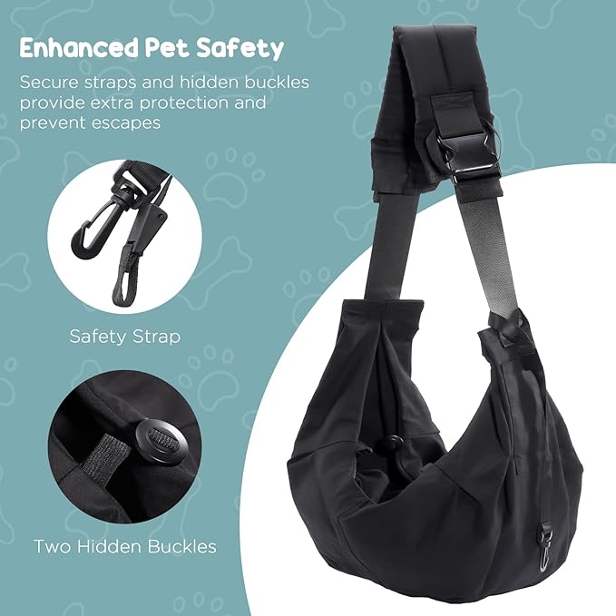 Avont Dog Sling for Small Dog Cats Under 15lbs, Hands-Free Crossbody Pet Carrier with Adjustable Padded Strap Extra Pocket, Safe Soft Pouch Bag for Puppies' Walks Outings -Black