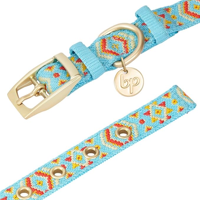 Blueberry Pet 3 Patterns Southwestern Magical Tribal Print Celeste Blue Adjustable Dog Collar with Metal Buckle, Neck 13-16.5", for Medium Breed