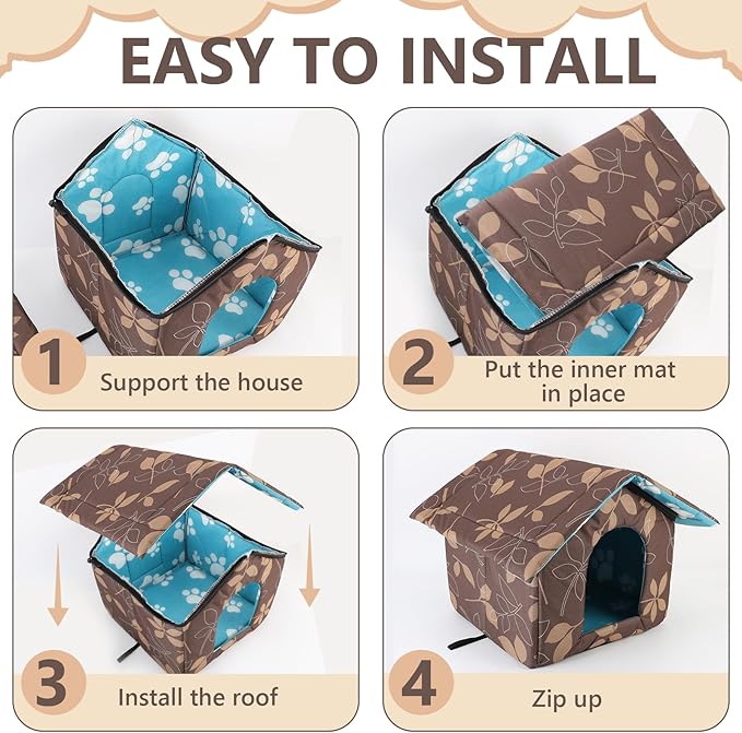 Outdoor Cat House Water Oxford Cloth Warm Cat House Removable Foldable, Outdoor Houses for Feral Cats Dogs (Leaf Pattern, Small House)