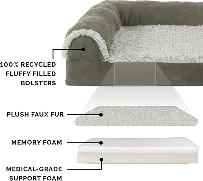 Furhaven Memory Foam Dog Bed for Large/Medium Dogs w/ Removable Bolsters & Washable Cover, For Dogs Up to 55 lbs - Two-Tone Plush Faux Fur & Suede L Shaped Chaise - Dark Sage, Large