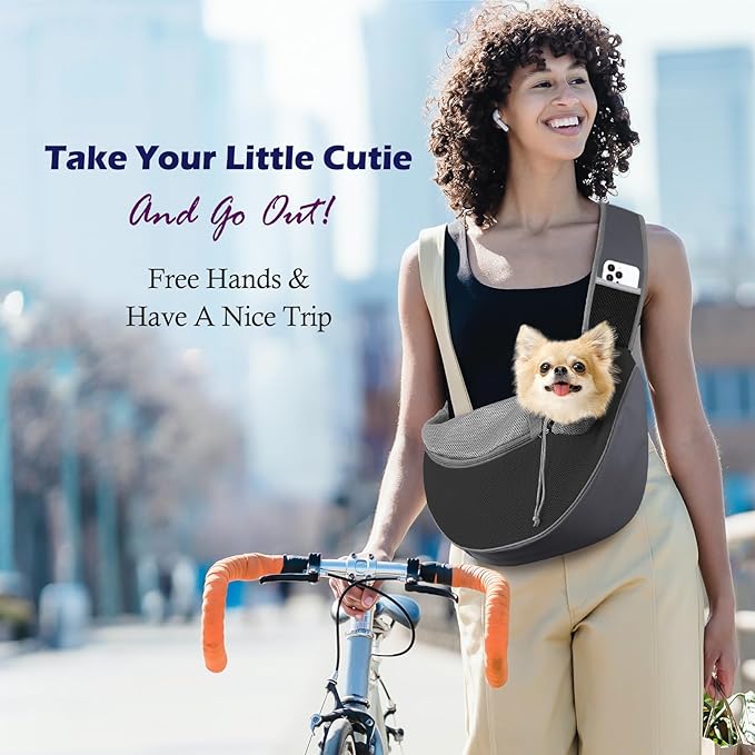 Pawaboo Pet Dog Sling Carrier, Hand Free Drawstring Dog Papoose with Adjustable Strap, Breathable Mesh Bag for Puppy Cat, Crossbody Satchel Dog Purse with Pocket for Outdoor, Dark Gray+Black, Small