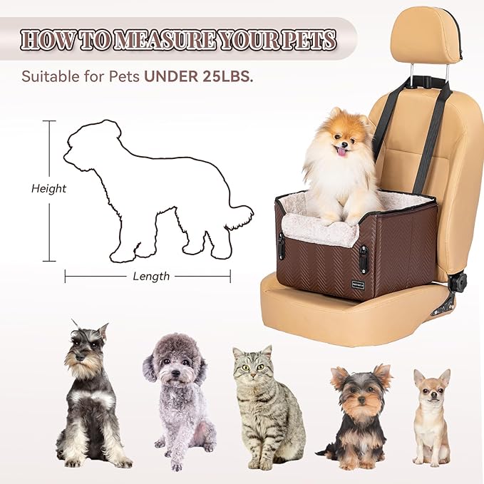 PETSFIT Car Seat for Dogs, Waterproof PU Leather Dog Car Seat for Small Dogs with Patented Safe Buckles, Clip-On Leash, Pet Travel Carrier Bed for Small Pets Up to 25lbs (Brown)