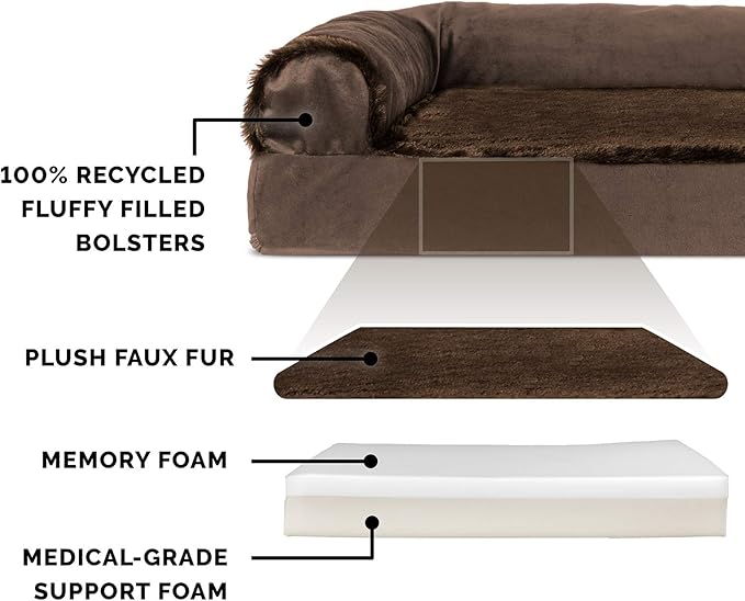 Furhaven Memory Foam Dog Bed for Large Dogs w/ Removable Bolsters & Washable Cover, For Dogs Up to 125 lbs - Plush & Velvet L Shaped Chaise - Sable Brown, Jumbo Plus/XXL