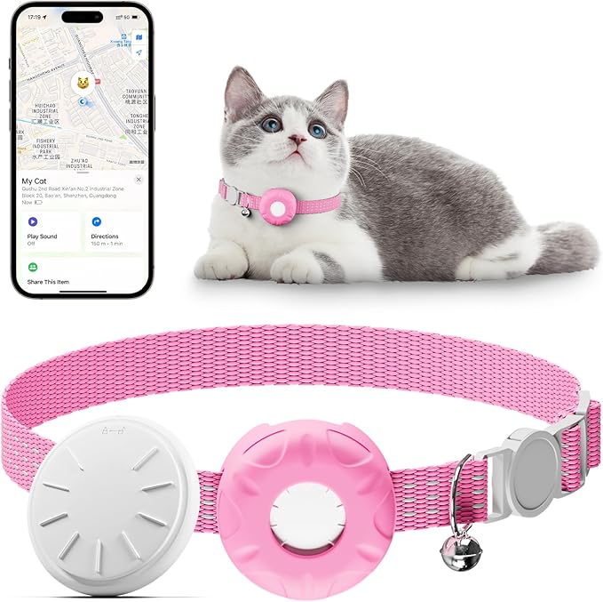 Cat GPS Tracker, Waterproof Pet Tracker for Cats, Cat GPS Tracker Collar with Safety Elastic Buckle, Works with Any Collar,Compatible with Apple Find My App (Only iOS), No Monthly Fee, Pink