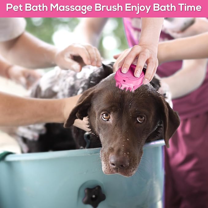 Dog Bath Brush, Dog Bath Supplies Silicone Shampoo Brush Long & Short Haired Dogs Cats, Scrubber Washing Grooming Pet Brush, Soft Massage Shedding Brush Bathing Shower Small Large Pets (Pink)
