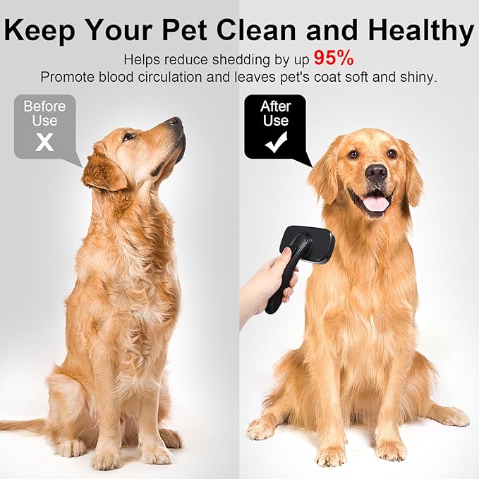 Pet Self Cleaning Slicker Brush for Grooming & Shedding Small Medium Large Dog Cat - Remove Loose Fur, Knot, Undercoat. Suitable for Long Short Hair Lengths sensitive Animals, Black