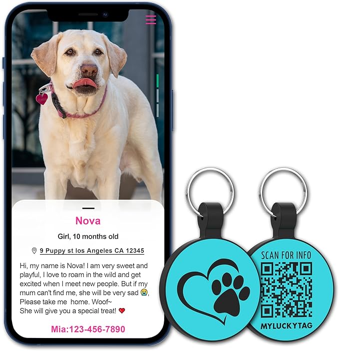 MYLUCKYTAG Silent Silicone QR Code Pet ID Tags Dog Tags - Pet Online Profile - Scan QR Receive Instant Pet Location Alert Email