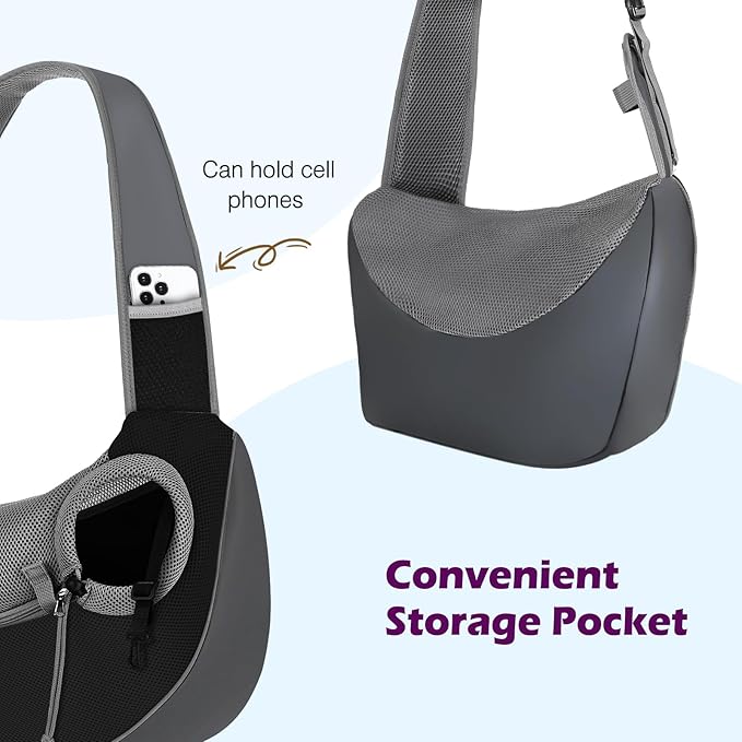 Pawaboo Pet Dog Sling Carrier, Hand Free Drawstring Dog Papoose with Adjustable Strap, Breathable Mesh Bag for Puppy Cat, Crossbody Satchel Dog Purse with Pocket for Outdoor, Dark Gray+Black, Small