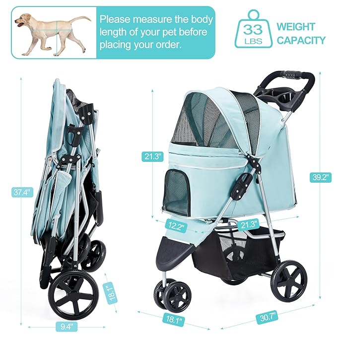 Pet Stroller for Medium Small Dogs and Cats, Folding Puppy Stroller Dog Cat Cage Jogger Stroller with Cup Holder and Storage Basket, 3 Wheels, Light Blue