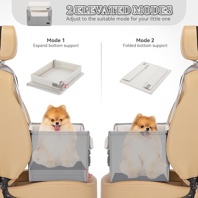 PETSFIT Dog Booster Seat, Portable Dog Car Seats for Small Dogs with Clip-On Leash, Patented Safe Buckles, Dog Booster Car Seat Suitable for Small Pets Up to 25lbs (Light Grey)